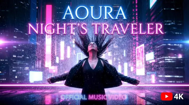 Night’s Traveler cover: Aoura with arms spread in a neon city