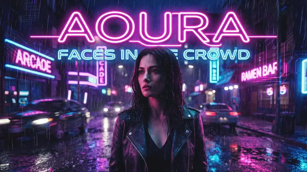 Faces in the Crowd cover: Aoura on a rain-soaked neon street at night
