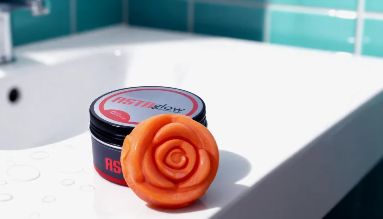 Orange rose-shaped soap leans against a black-and-red ASTAglow organic soap tin on a wet white sink with teal tiles.