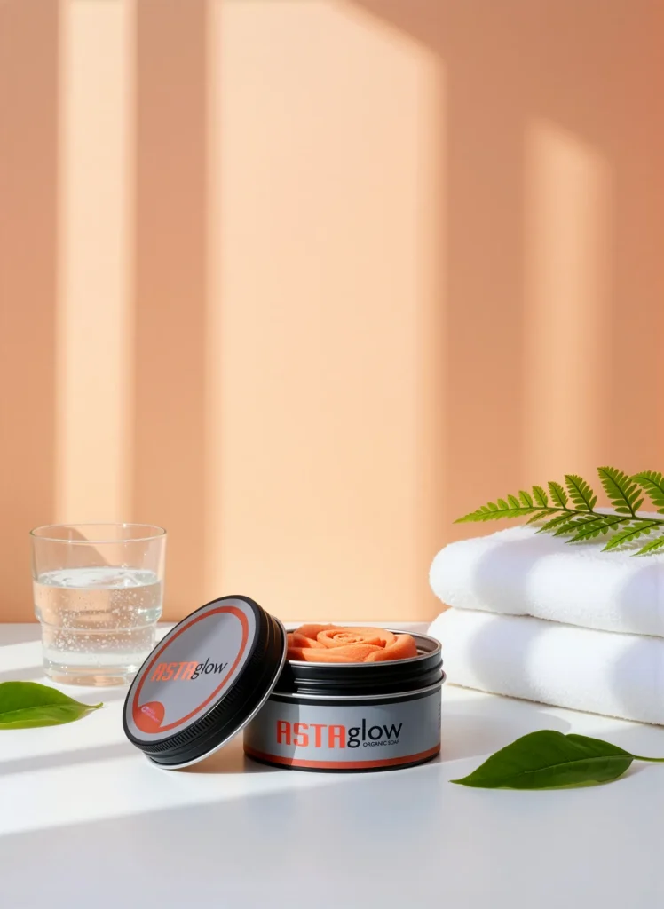 Open ASTAglow soap tin with rose soap, glass of water, white towels and fern against a peach sunlit wall.