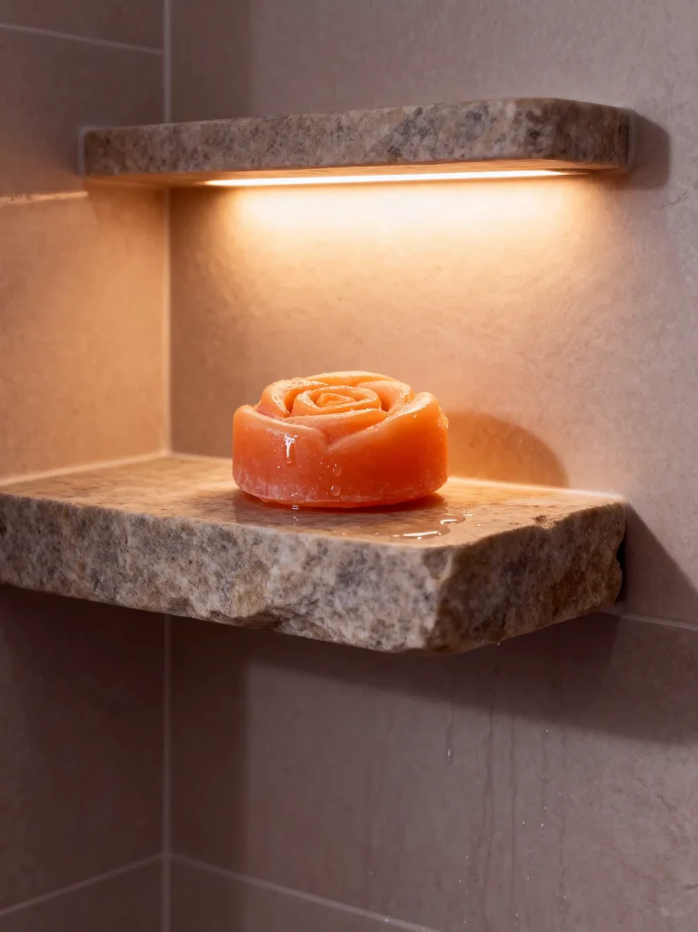 Wet orange rose-shaped soap on a rough stone shower shelf lit by a warm LED strip.