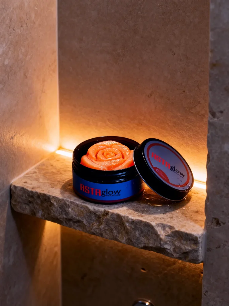 Open ASTAglow tin holding a wet rose soap on a stone shower niche shelf in warm glowing light.