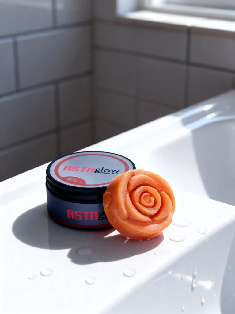 Rose-shaped orange soap leaning against a closed ASTAglow tin on a sunlit white sink with water drops.