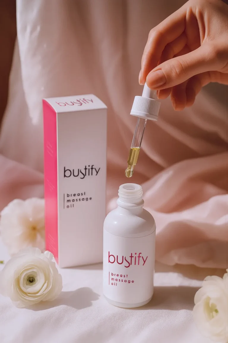 A hand-held dropper releases an oil drop into a white bustify bottle beside its pink-edged box and white flowers.