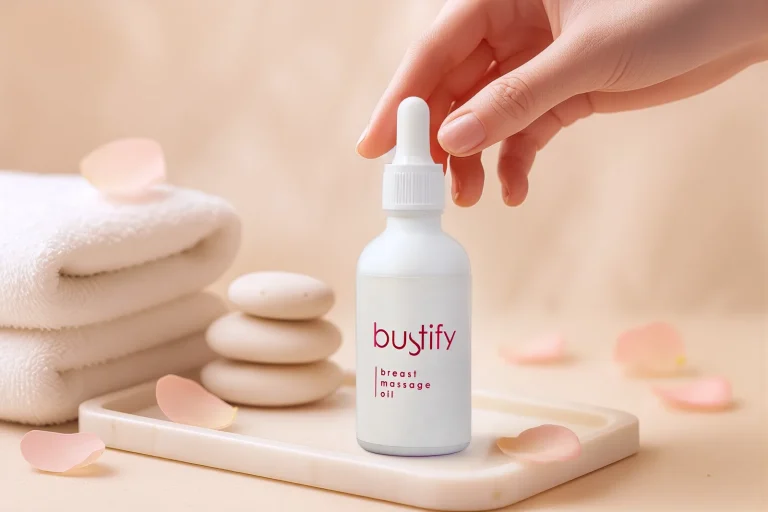 A hand reaches for a white bustify dropper bottle on a marble tray beside folded towels, spa stones and petals.