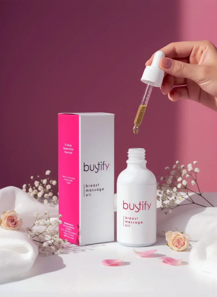 A hand holds a dropper over an open bustify bottle beside its pink box, roses and baby's breath on magenta.