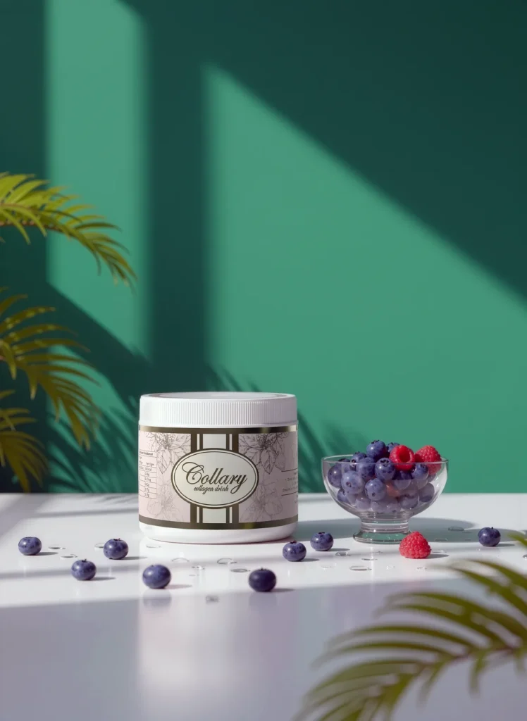Collary collagen drink jar on a white table with blueberries, raspberries and a glass bowl against a green wall.