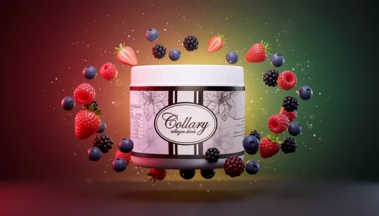 Collary collagen drink jar floating amid flying strawberries, raspberries, blueberries and blackberries on a red-to-green gradient.