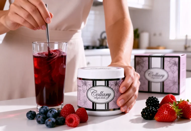 Woman in a bright kitchen stirs a red berry drink while holding a pink Collary jar beside berries.