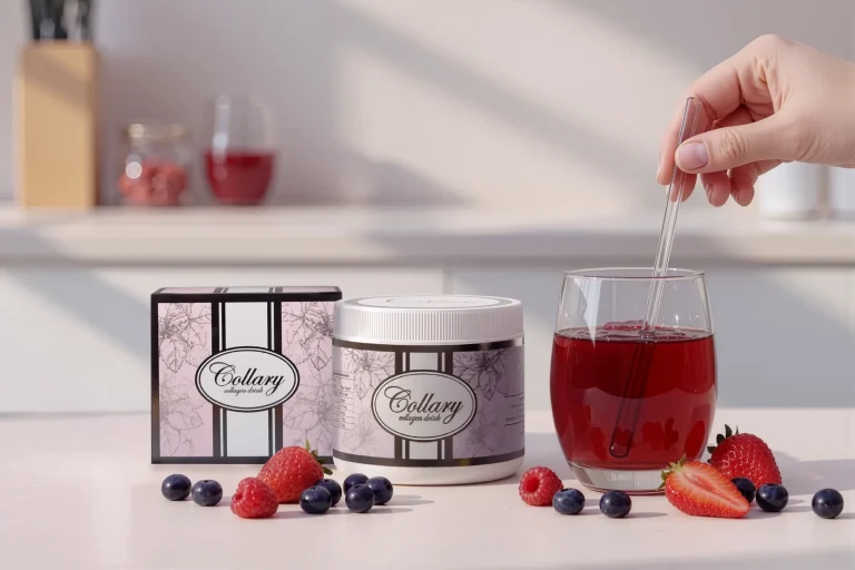 Collary collagen box and jar beside a glass of red drink being stirred with a glass straw, scattered berries.