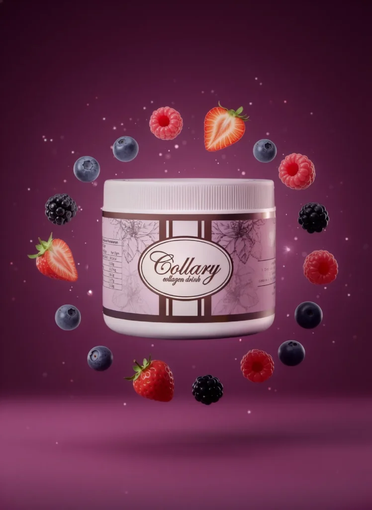 Pink Collary collagen jar floating on a plum backdrop, circled by strawberries, raspberries, blueberries and blackberries.