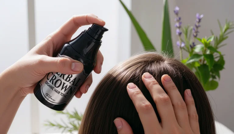 Hand pumping a black Herbal Crown hair tonic bottle above a woman's brown hair as she touches her scalp.