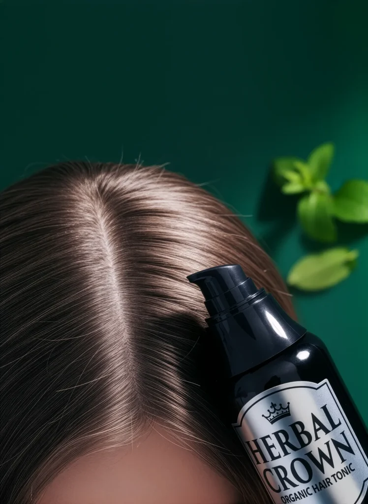 Top-down view of a woman's centre hair parting beside a black Herbal Crown tonic bottle on deep green.