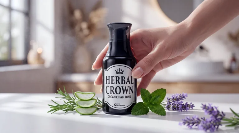 Hand holding a black Herbal Crown hair tonic bottle on a white counter with aloe slices, mint, rosemary and lavender.