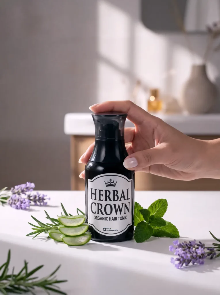 Manicured hand resting on the tinted cap of a black Herbal Crown tonic bottle, aloe and mint at its base.