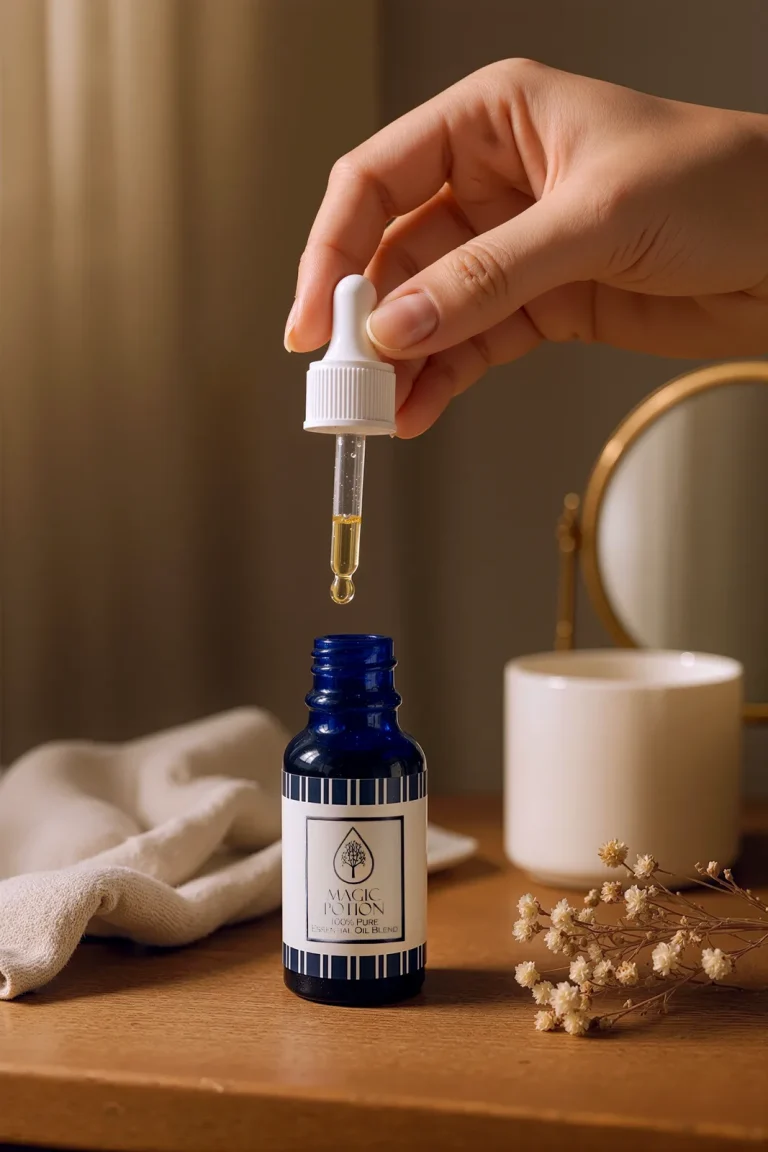 A hand releases a golden drop from a dropper into a cobalt-blue Magic Potion bottle on a wooden vanity.