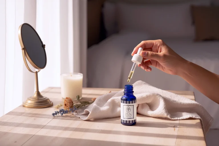 A hand holds a dropper over a blue Magic Potion bottle on a sunlit table with towel, candle and mirror.