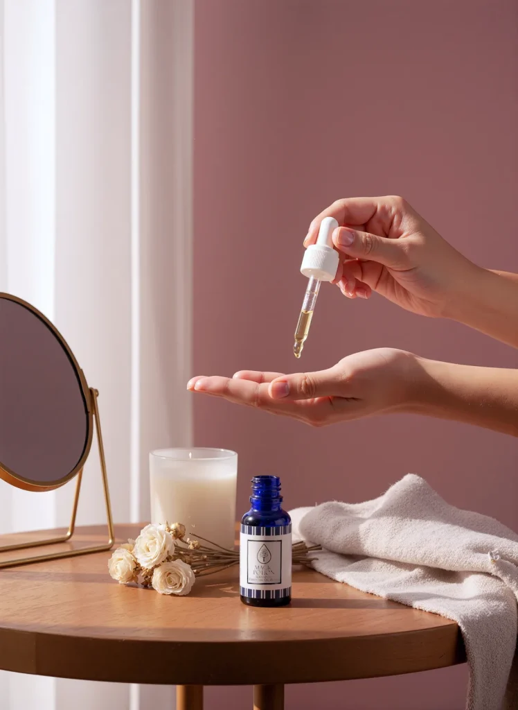 A dropper releases golden oil into an open palm above a blue Magic Potion bottle on a wooden vanity.