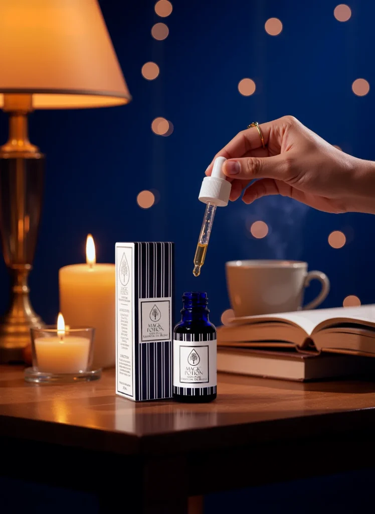 At night, a hand holds a dropper over a Magic Potion bottle and box beside candles, lamp and books.
