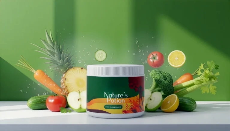 Nature's Potion drink tub on a white counter, surrounded by fresh fruit, vegetables and floating water droplets on green.