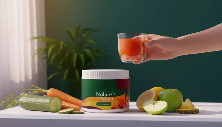 A hand holds a glass of orange juice above a Nature's Potion tub, beside carrots, cucumber, apples and lemon.