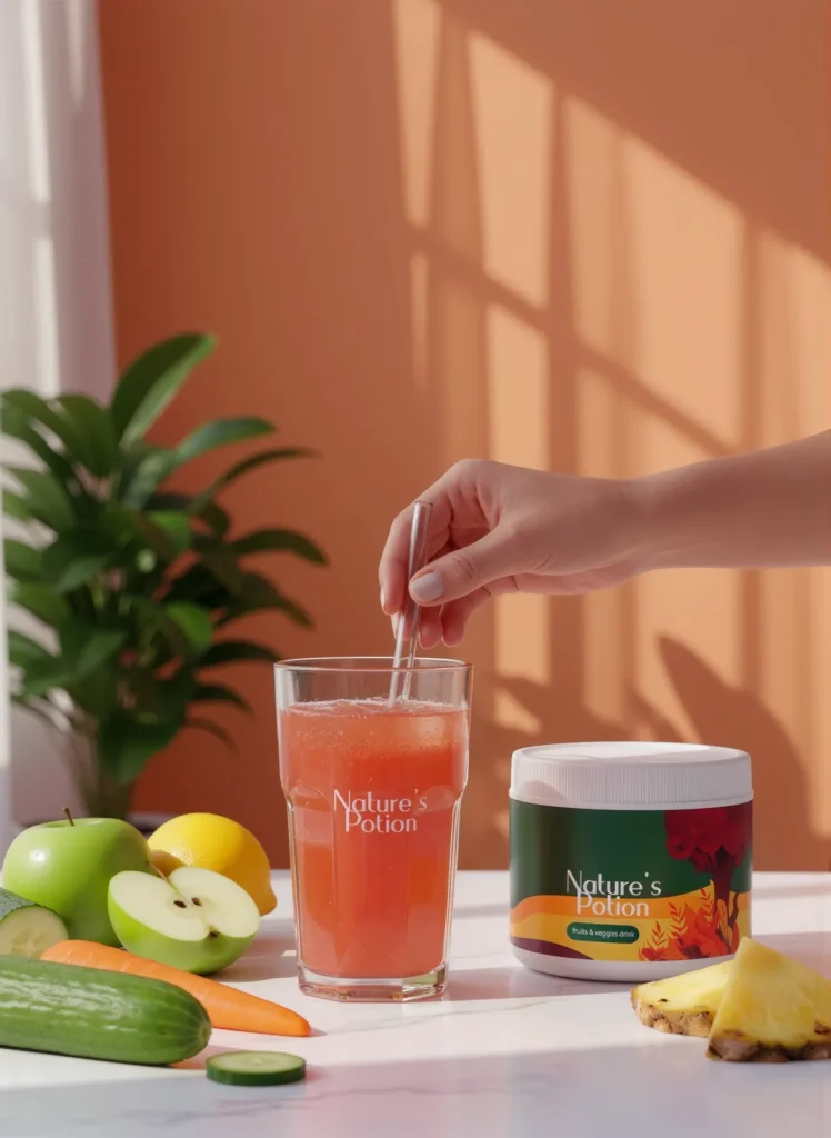 A hand stirs pink-orange juice in a branded glass beside a Nature's Potion tub, window shadows on a terracotta wall.
