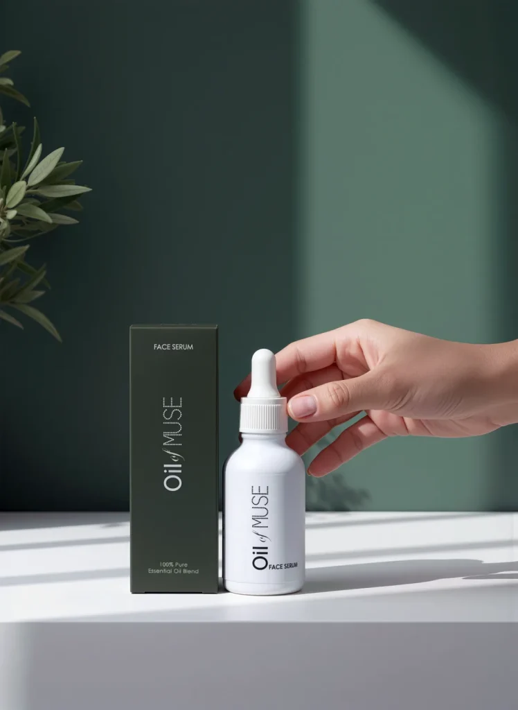 A hand holds the dropper cap of a white Oil of Muse bottle beside its green box in sunlight.