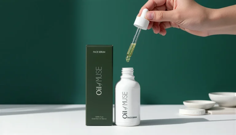 A hand drips golden serum from a dropper into an open white Oil of Muse bottle beside its green box.