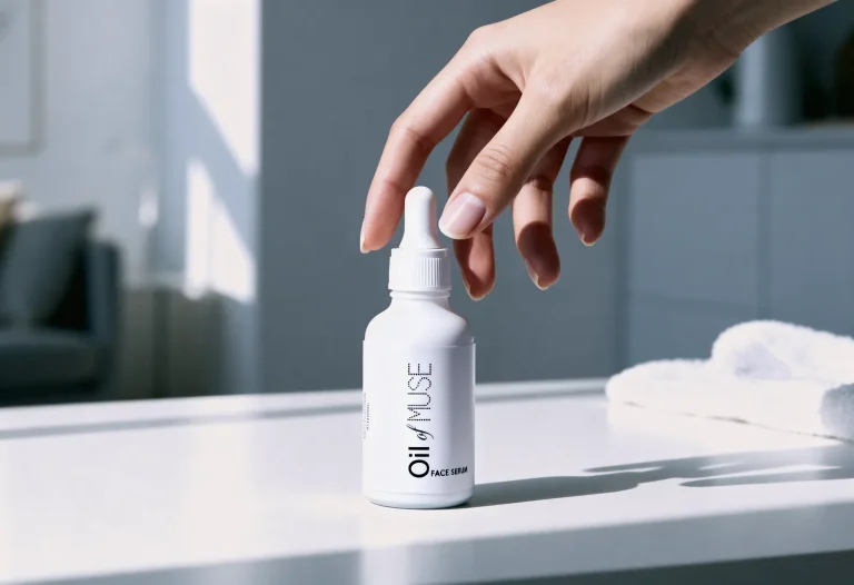 A slender hand reaches for a white Oil of Muse serum bottle on a sunlit counter in a grey-blue room.