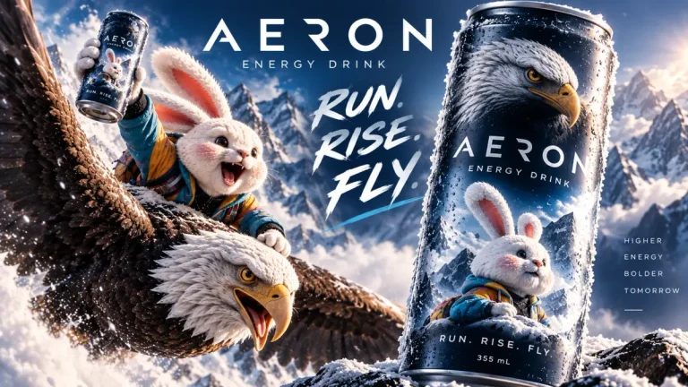 AERON Energy Drink poster: a rabbit riding an eagle beside the can