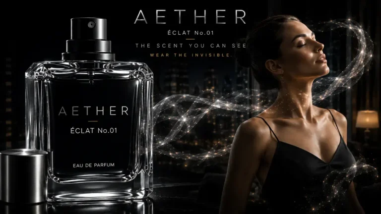 AETHER ÉCLAT No.01 poster: a glass perfume bottle and a woman in black wrapped in light