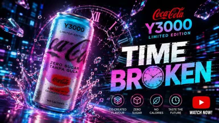 Coca-Cola Y3000 spec poster: a can bursting through neon light under the words Time Broken