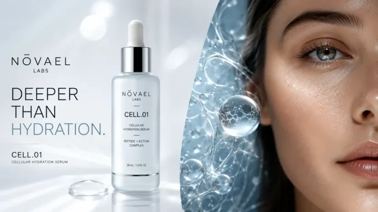 NŌVAEL CELL.01 poster: a serum bottle beside a close-up of a woman’s face