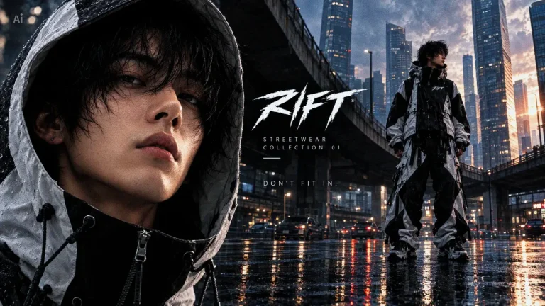 RIFT poster: a young man in a white hood on a wet city street at dusk