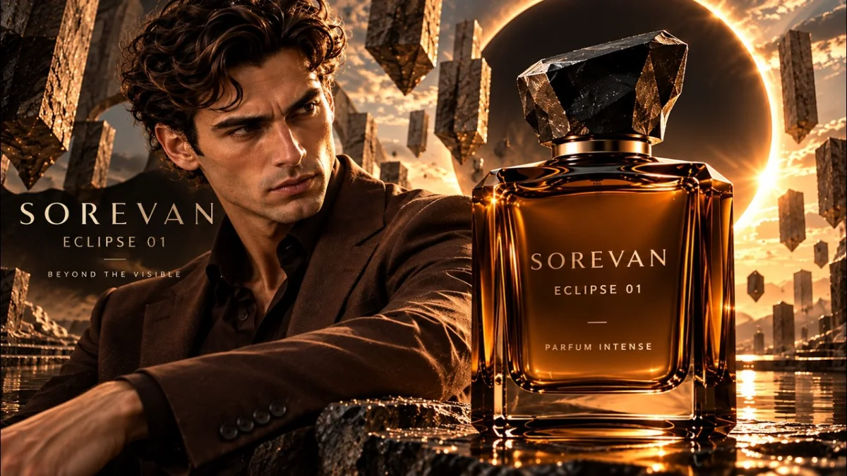 SOREVAN ECLIPSE 01 poster: a man in a brown jacket beside a tall amber perfume bottle under a black eclipse