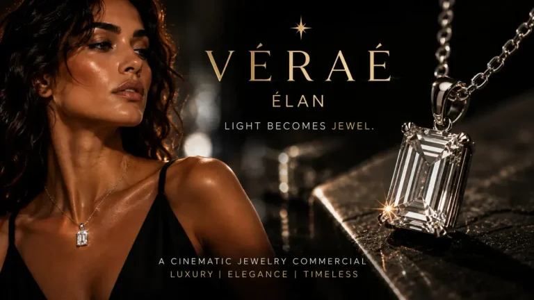 VÉRAÉ ÉLAN poster: a woman beside a diamond pendant on a chain
