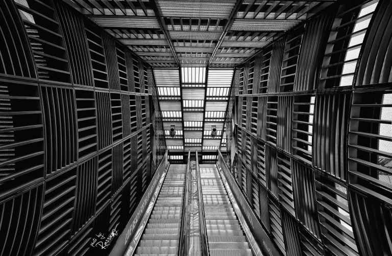 Escalator rising into a louvred, vaulted steel ceiling, black and white