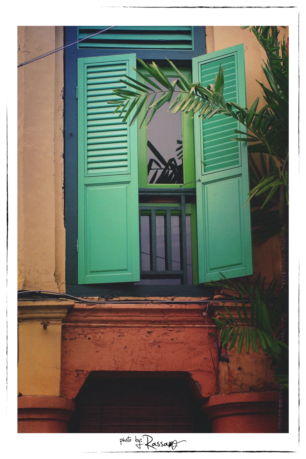 Green wooden shutters open on an old shophouse, palm leaves in front and a cracked orange wall below