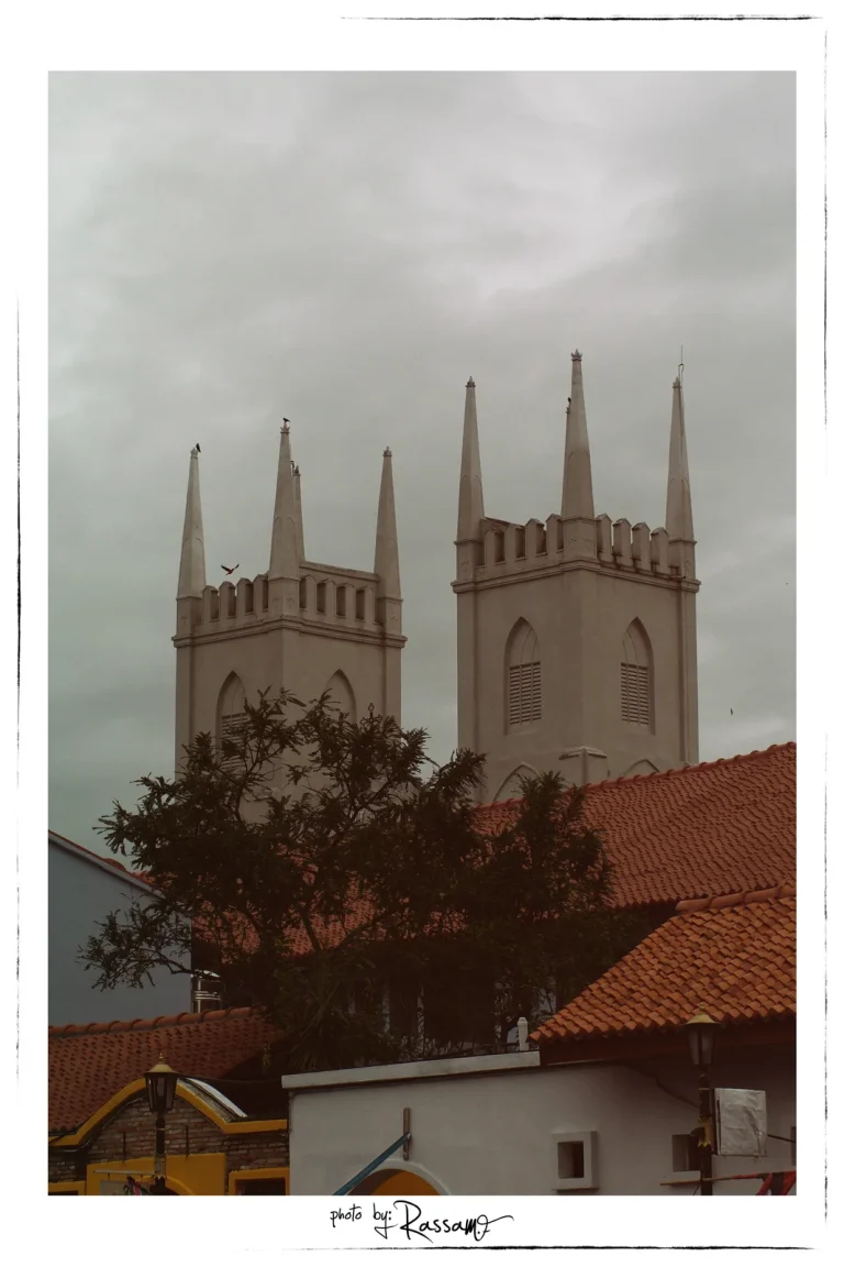 The twin neo-gothic spires of St. Francis Xavier's Church above red tiled roofs and a tree